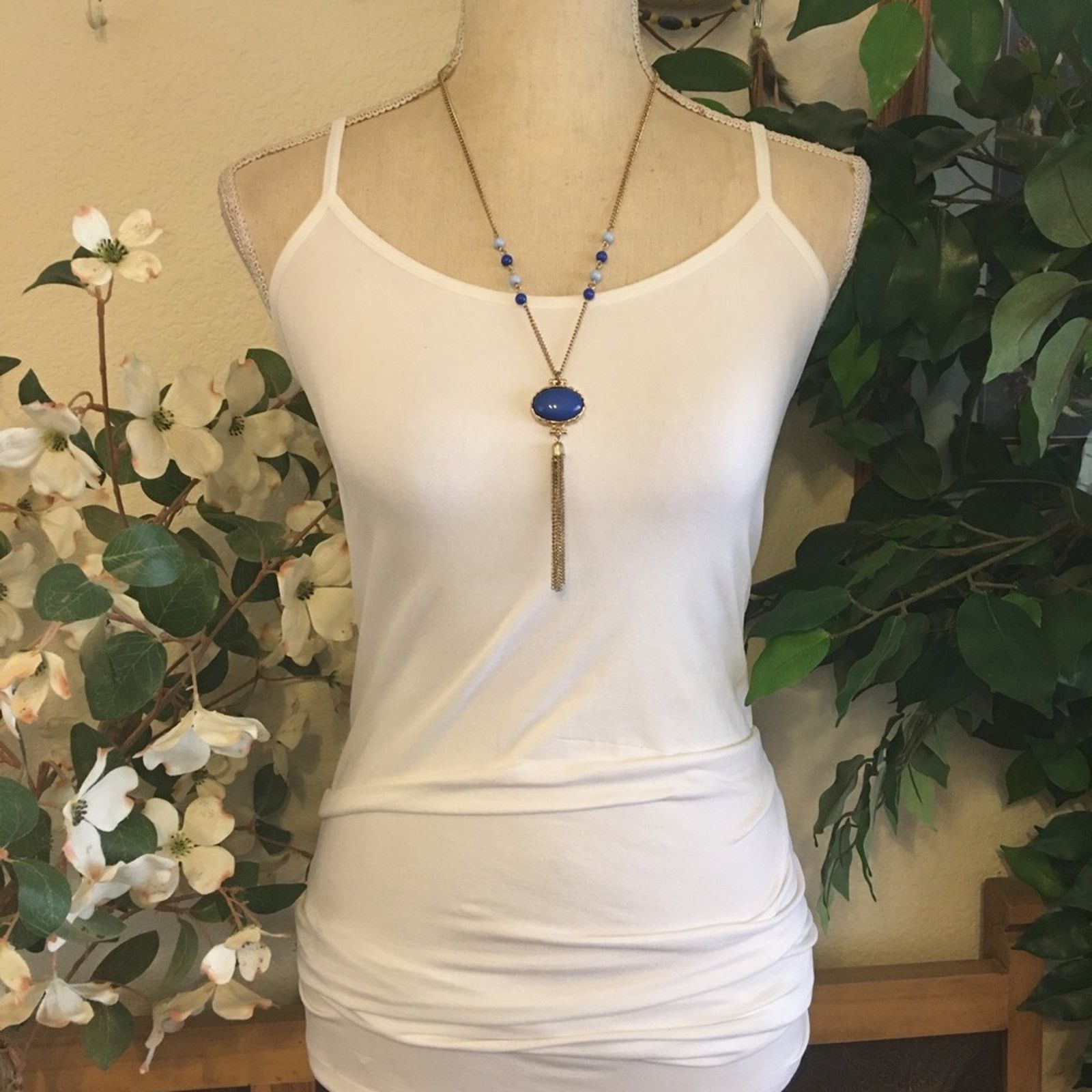 Jewelry Blue glass cabochon medallion fringe necklace Size ONE SIZE - 3 Thumbnail
