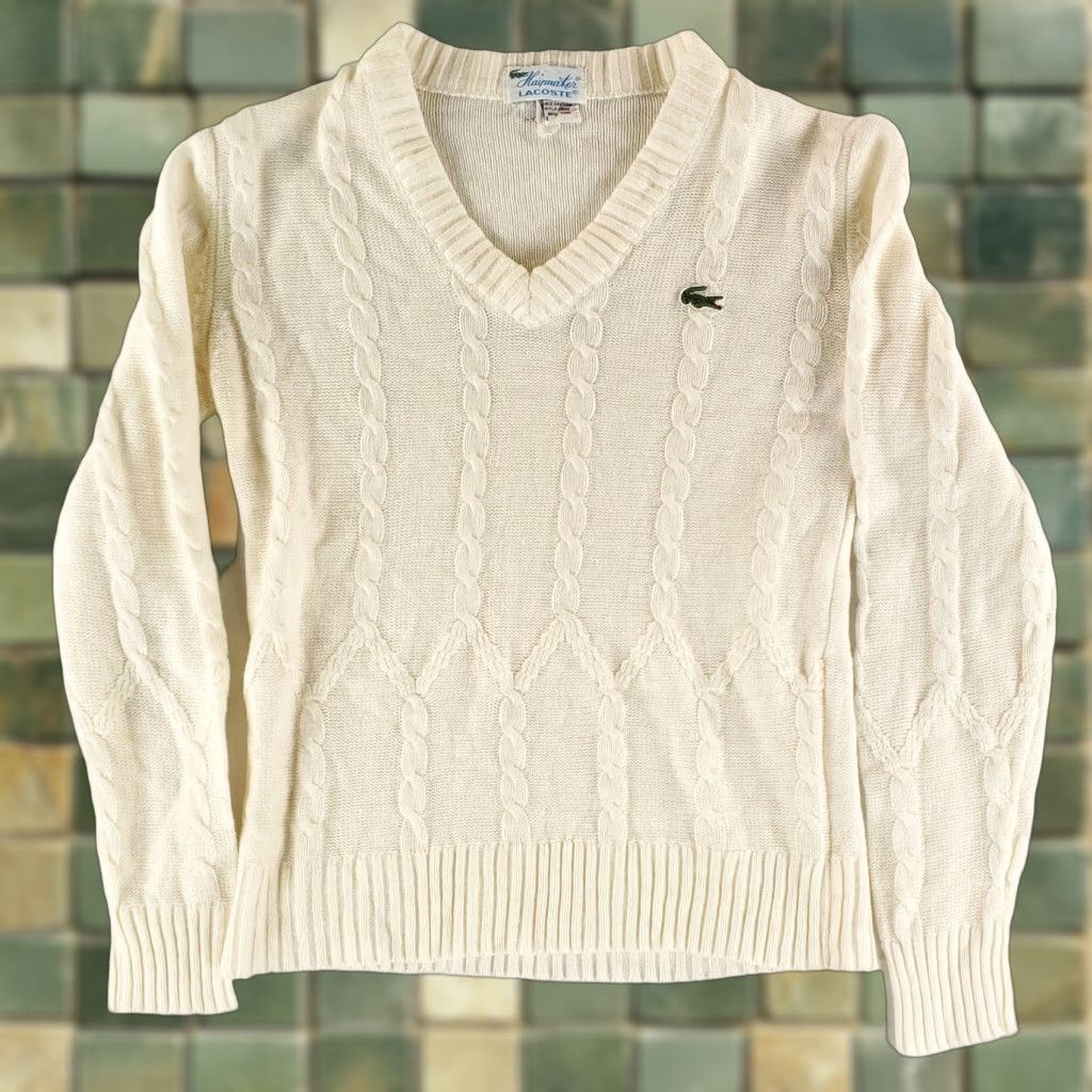 Lacoste VINTAGE Lacoste Sweater Women Ivory Cream Cable Knit VTG 60s V Neck Pullover Size M 38 Girls/Mens? Size M / US 6-8 / IT 42-44 - 1 Thumbnail