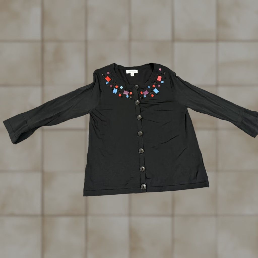 Coldwater Creek Coldwater Creek Cardigan Sweater Womens M Black Beaded Neck Button Front Crew Neck Lightweight Geometric Knit Size M / US 6-8 / IT 42-44 - 1 Thumbnail