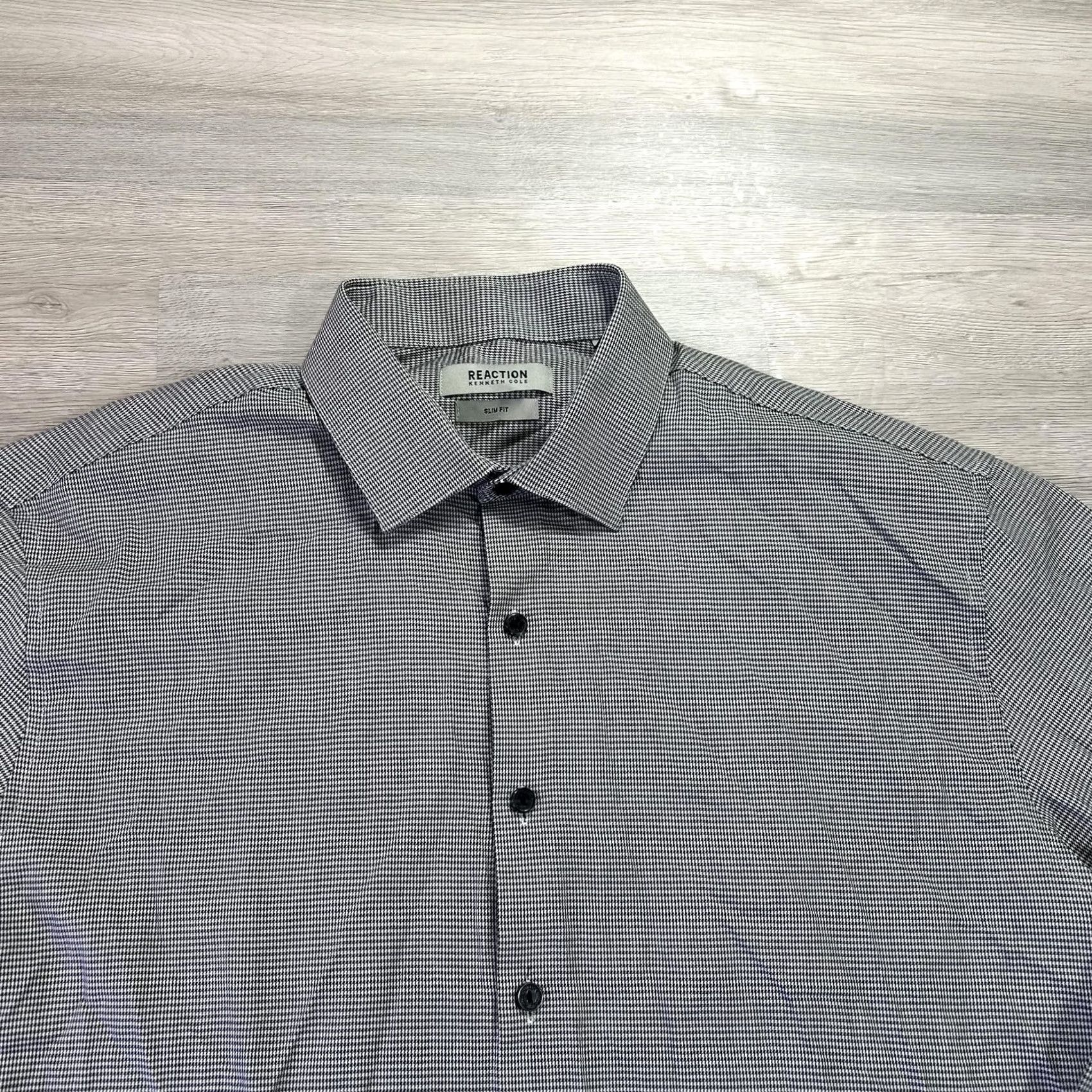 Kenneth Cole Reaction Kenneth Cole Dress Shirt Mens 16.5 34/35 Black Houndstooth Slim Dress Shirt Mens Slim 100% Cotton Long Sleeve Button Front Collared Size 46R - 4 Thumbnail