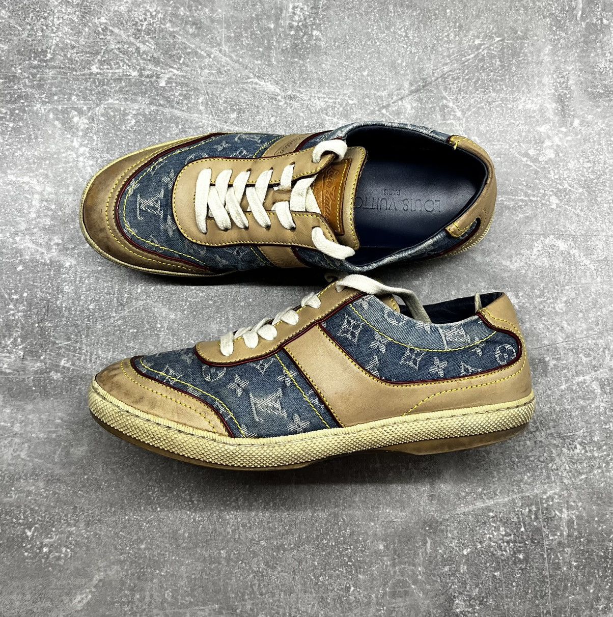 Louis Vuitton Louis Vuitton beige leather blue monogram denim sneakers Size US 6 / IT 36 - 3 Thumbnail
