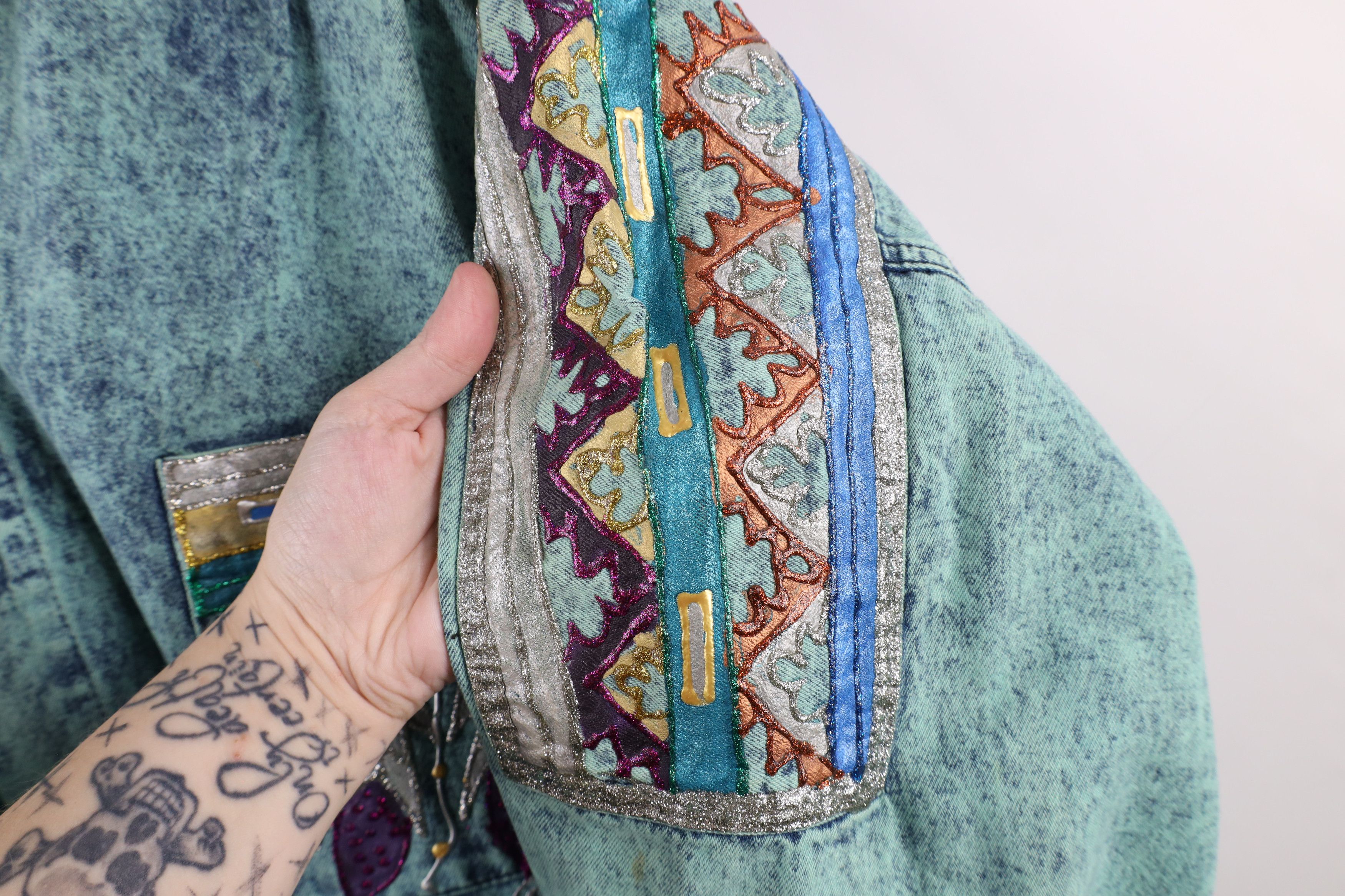 Vintage Vintage 90s Southwestern Glitter Glue Denim Shirt Jacket USA Size XXL / US 16-18 / IT 52-54 - 6 Thumbnail