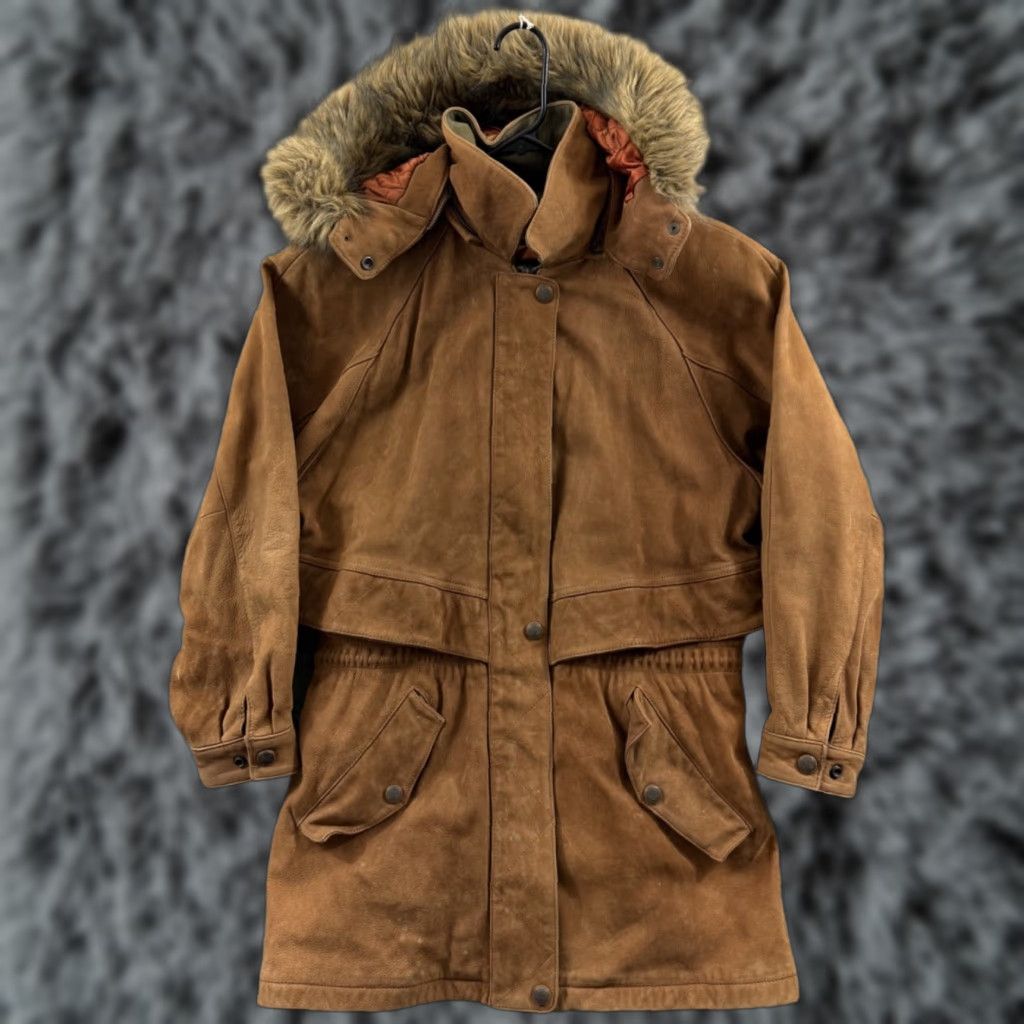 Vintage Adventure Bound Wilsons Coat Womens Medium Brown Leather Suede Hooded Parka Jacket Coat Size M / US 6-8 / IT 42-44 - 1 Thumbnail