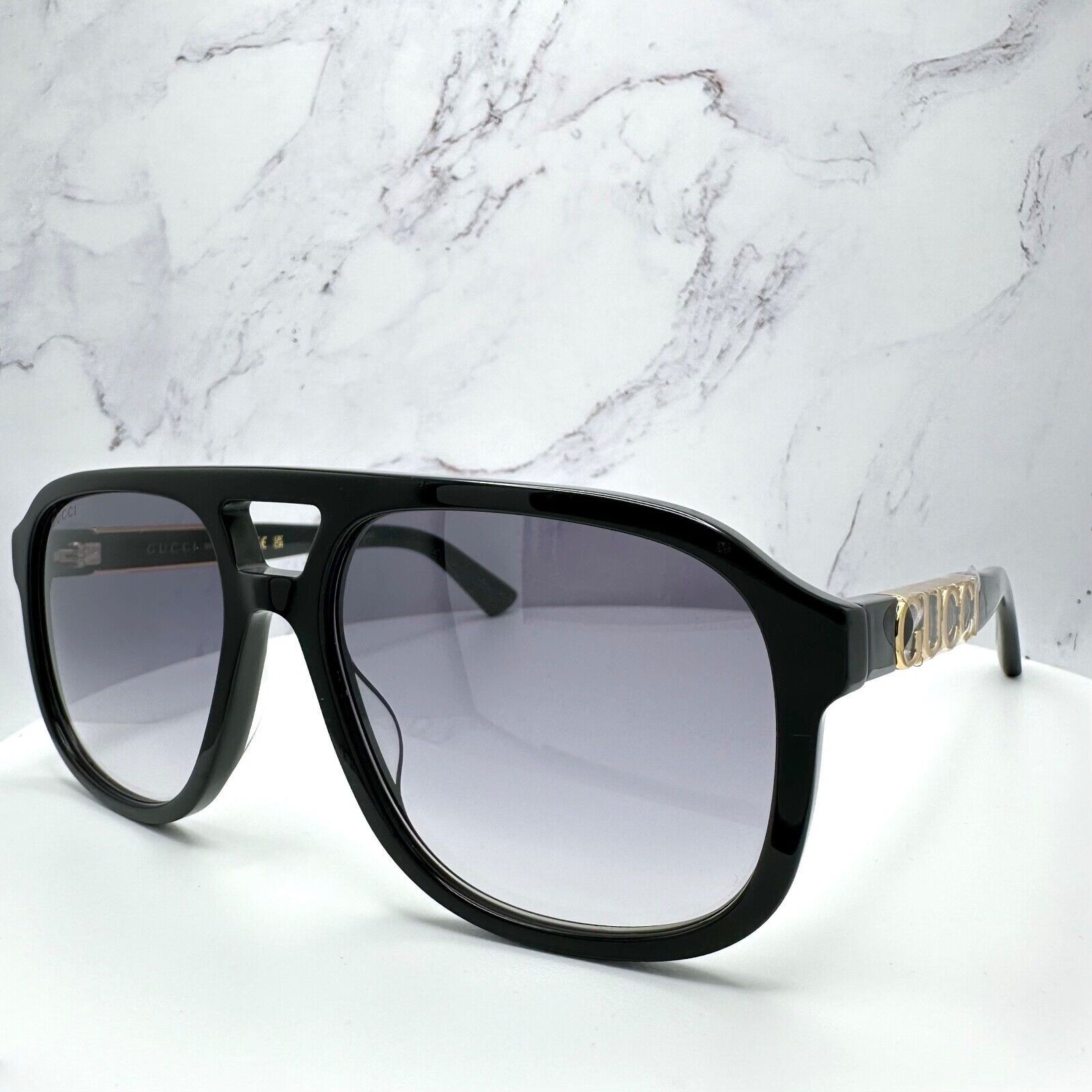 New Gucci Sunglasses Black Pilot Aviator 58mm Navigator Gold