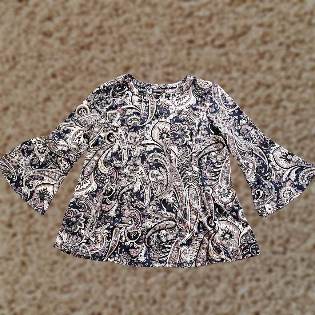 Vintage Cocomo Top Women Large Black Brown Paisley 3/4 Sleeve Slinky Stretchy Career Blouse Dress Shirt Ladies Womens Size L / US 10 / IT 46 - 1 Thumbnail