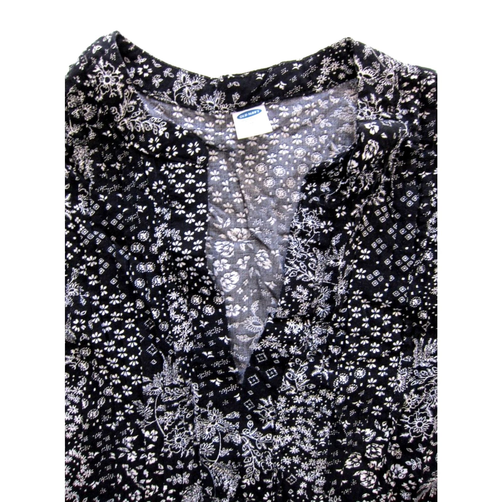 Old Navy Old Navy Floral Black White 100% Rayon Long Sleeve V-Neck Tunic Dress M Size M / US 6-8 / IT 42-44 - 4 Thumbnail