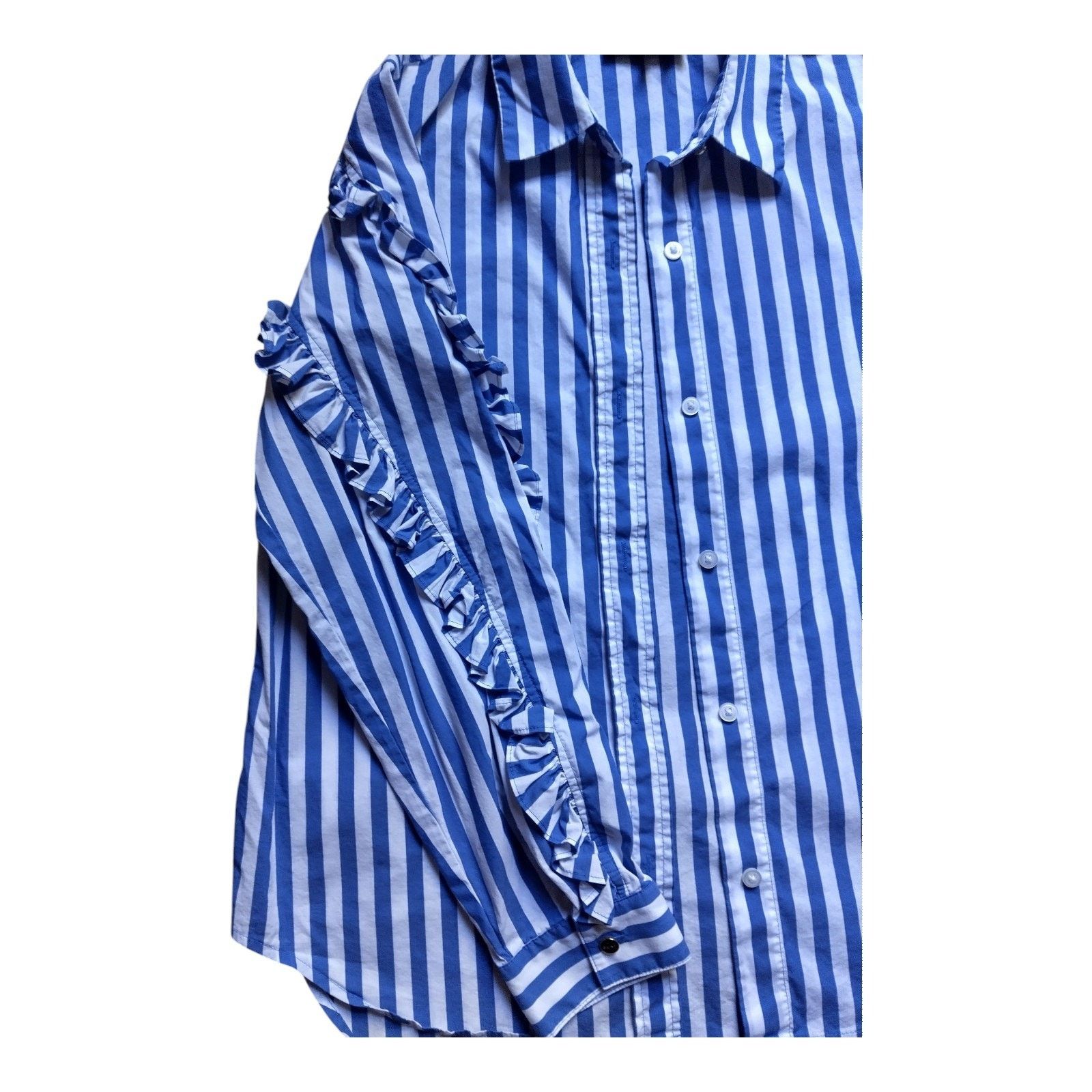 DKNY Women's DKNY Blue/White Striped Ruffle Sleeve Button Down Size M / US 6-8 / IT 42-44 - 4 Thumbnail