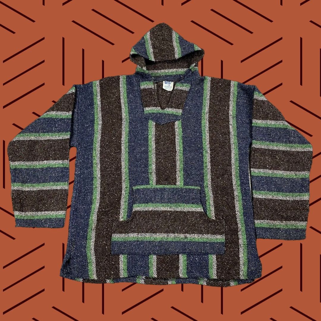 VINTAGE Stocus Striped Baja Pullover Hoodie XL Blue Brown Green 90s Men