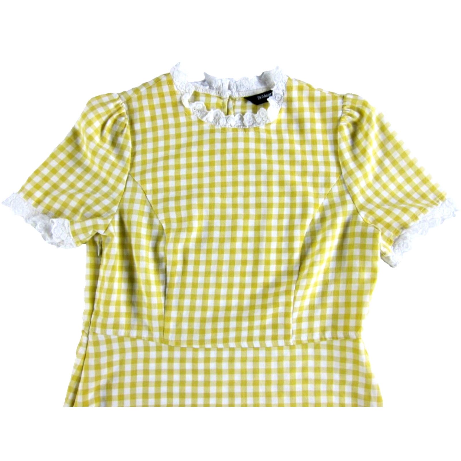 Vintage Allegra K Yellow White Plaid Lace High Neck Short Sleeve Sheath Dress XS Size 26" / US 2 / IT 38 - 4 Thumbnail