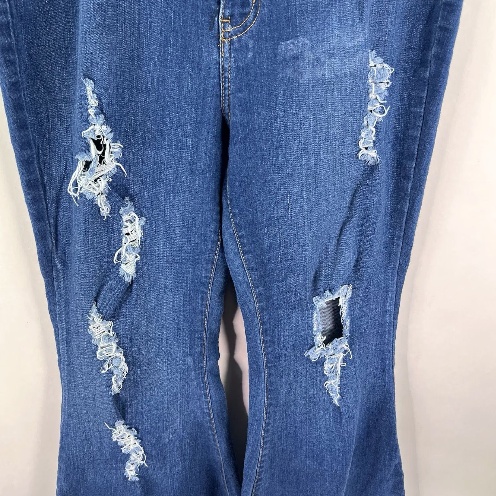 Denime Vibrant Jeans Flared Distressed Denim 30X34 Blue Womens Size 13 (30) 5-Pocket High Rise Flare 80s 90s Bohemian Hipster College Festival) Mens Womens Size 34" / US 12 / IT 48 - 3 Thumbnail