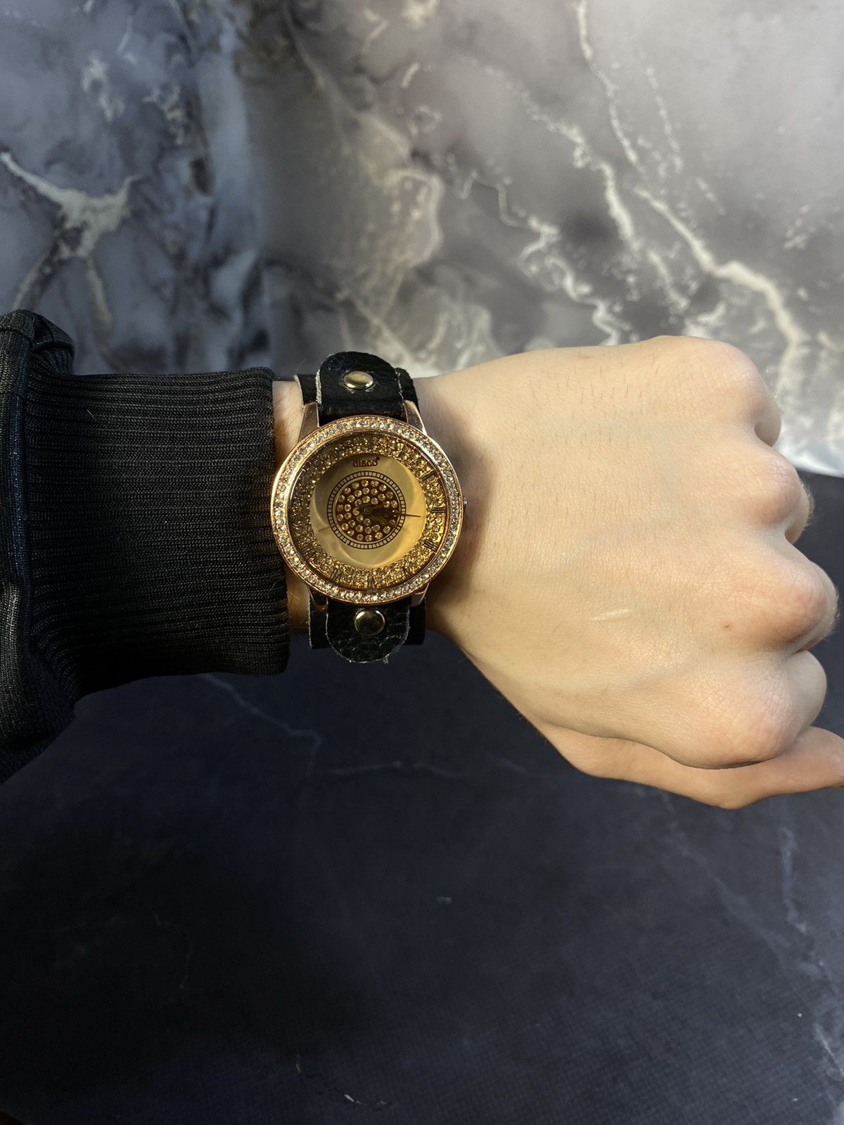 Vintage Disco Gold-Tone Rhinestone Watch with Leather Strap Size ONE SIZE - 3 Thumbnail