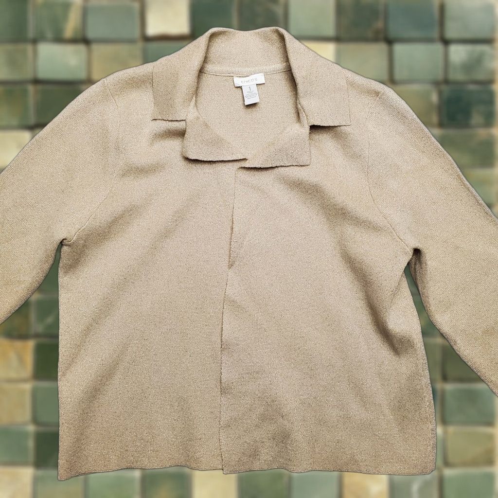 Vintage Chicos Cardigan Womens Size 1 US 8 Beige Metalic Gold Open Front Knit Casual Shirt Size XS / US 0-2 / IT 36-38 - 1 Thumbnail