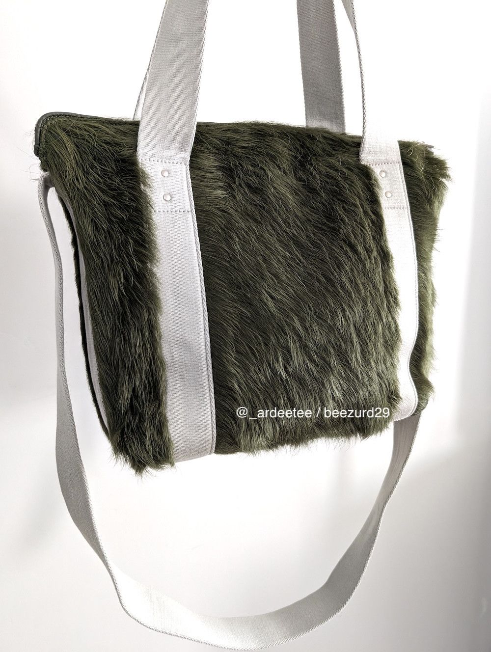 Rick Owens Unreleased Long Calf Hair Fur Mini Trolley Tote Bag Green, Men's