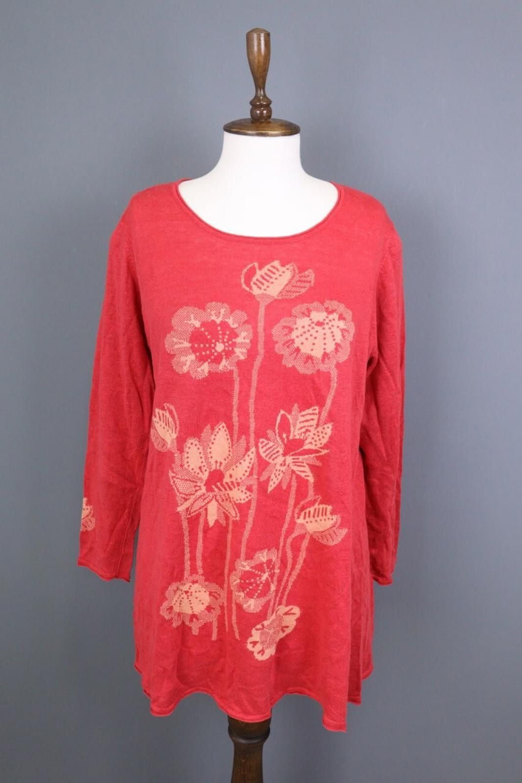 Designer Gudrun Sjoden Red Floral Midi Tunic Sweater Dress Size M Size M / US 6-8 / IT 42-44 - 1 Thumbnail