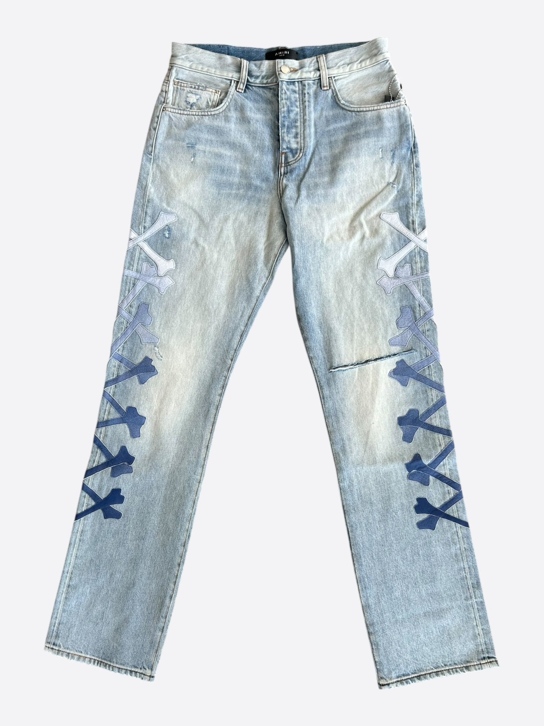 Blue Gradient Bones Applique Distressed Straight Jeans