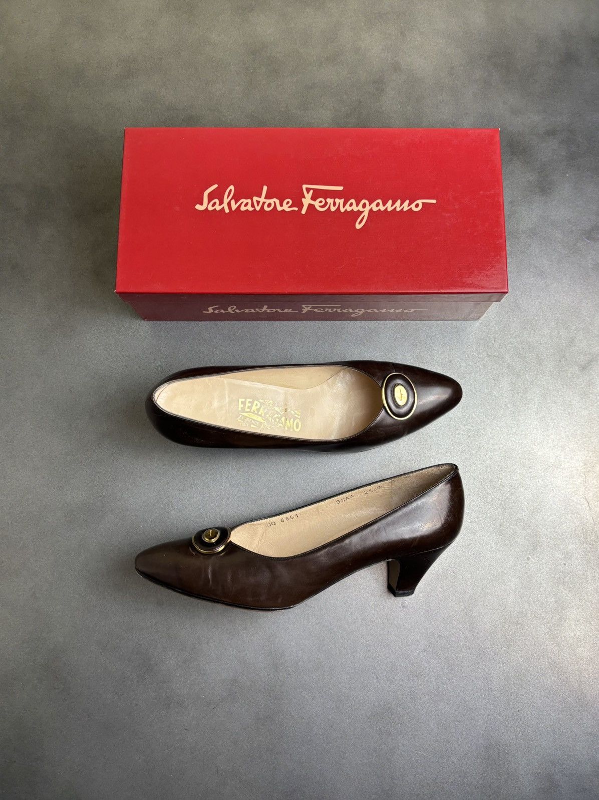 Salvatore Ferragamo × Vintage Vintage Ferragamo Heels Brown Leather Slip On 1980s Box Size US 9.5 / IT 39.5 - 3 Thumbnail