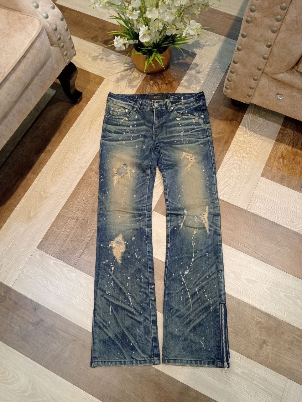 Japanese Brand LAGUST BLUE DISTRESSED ANKLE ZIP FLARED JEANS Size US 33 - 1 Thumbnail