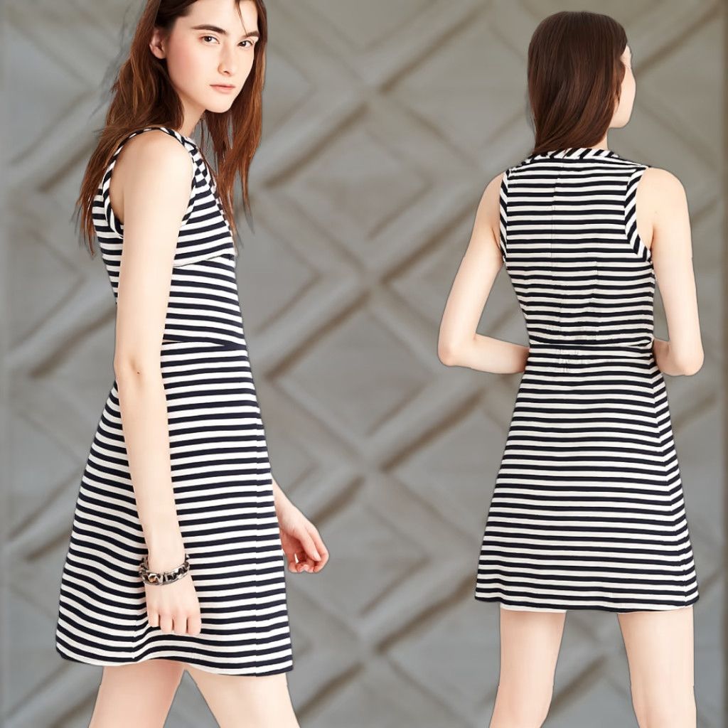 VINTAGE Madewell Fit & Flare Mini Dress Women Small Navy White Striped Sleeveless Cotton