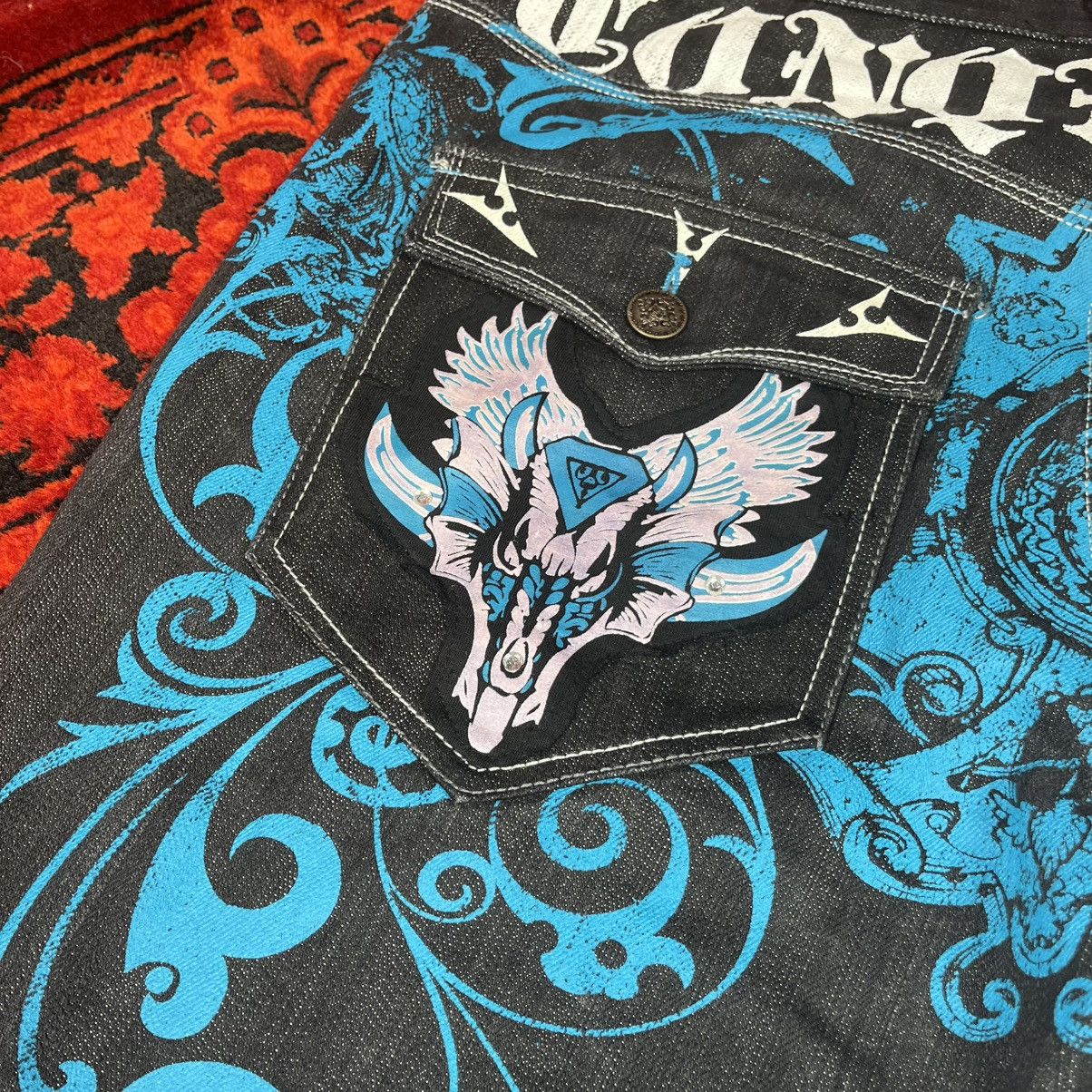 Other Raw Blue Jeans Y2K Turquoise Blue Baroque Skull Wing Graphic Size US 36 / EU 52 - 7 Thumbnail