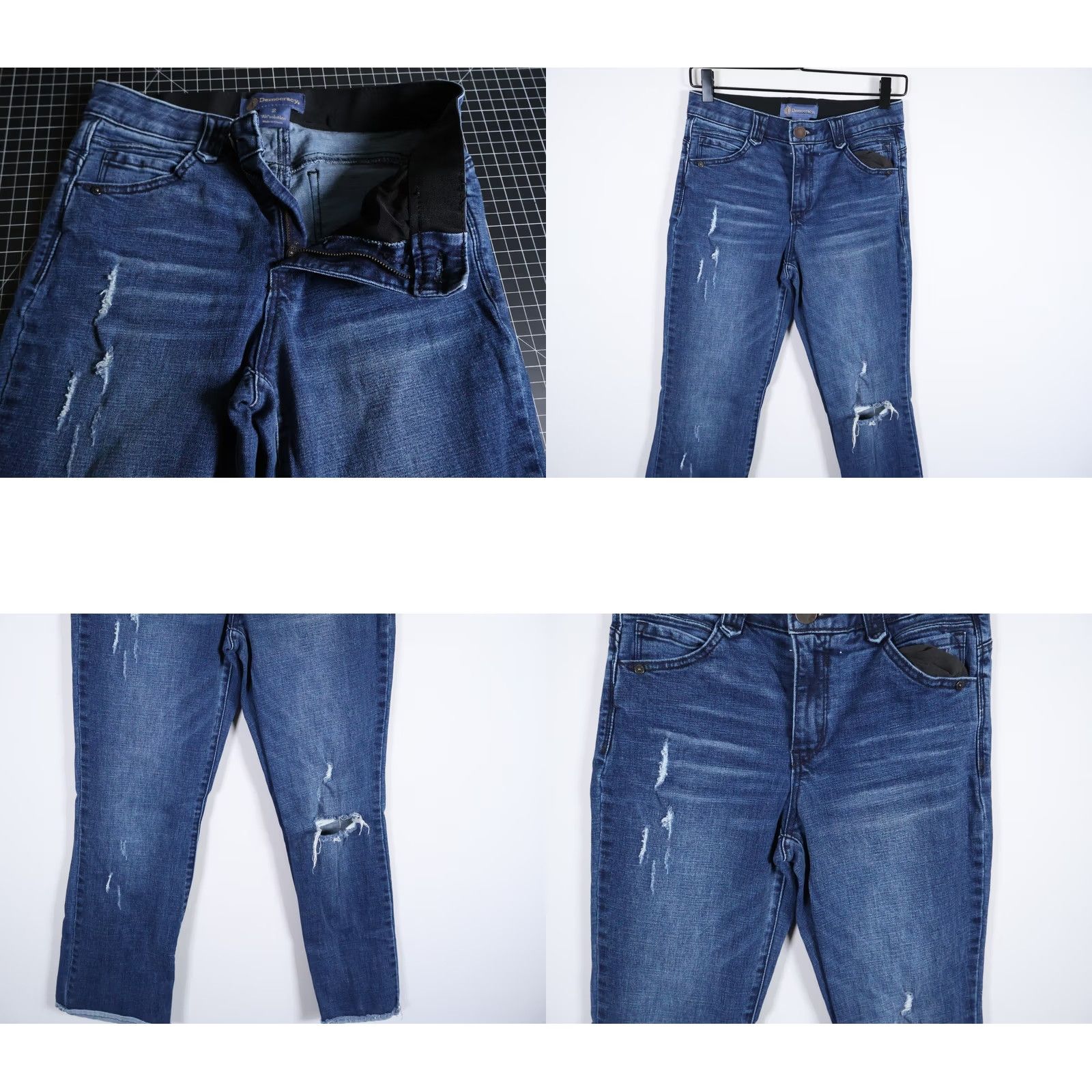 Vintage Democracy Jeans Women's 2 (28 x 27) Blue Distressed Straight Denim 5-Pocket Zip Fly Retro 90s Hipster Style Mens Womens Girls Size 26" / US 2 / IT 38 - 9 Thumbnail