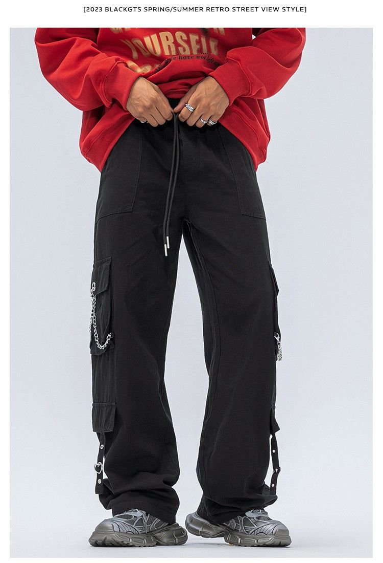 image of Black Cargo Stack Pants With Chain And Strap Attachments, Men's (Size 28)