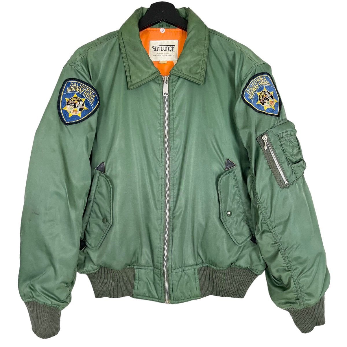 image of Military x Police Vintage California Highway Patrol Reversible Bomber Jacket in Green/Orange (Size 