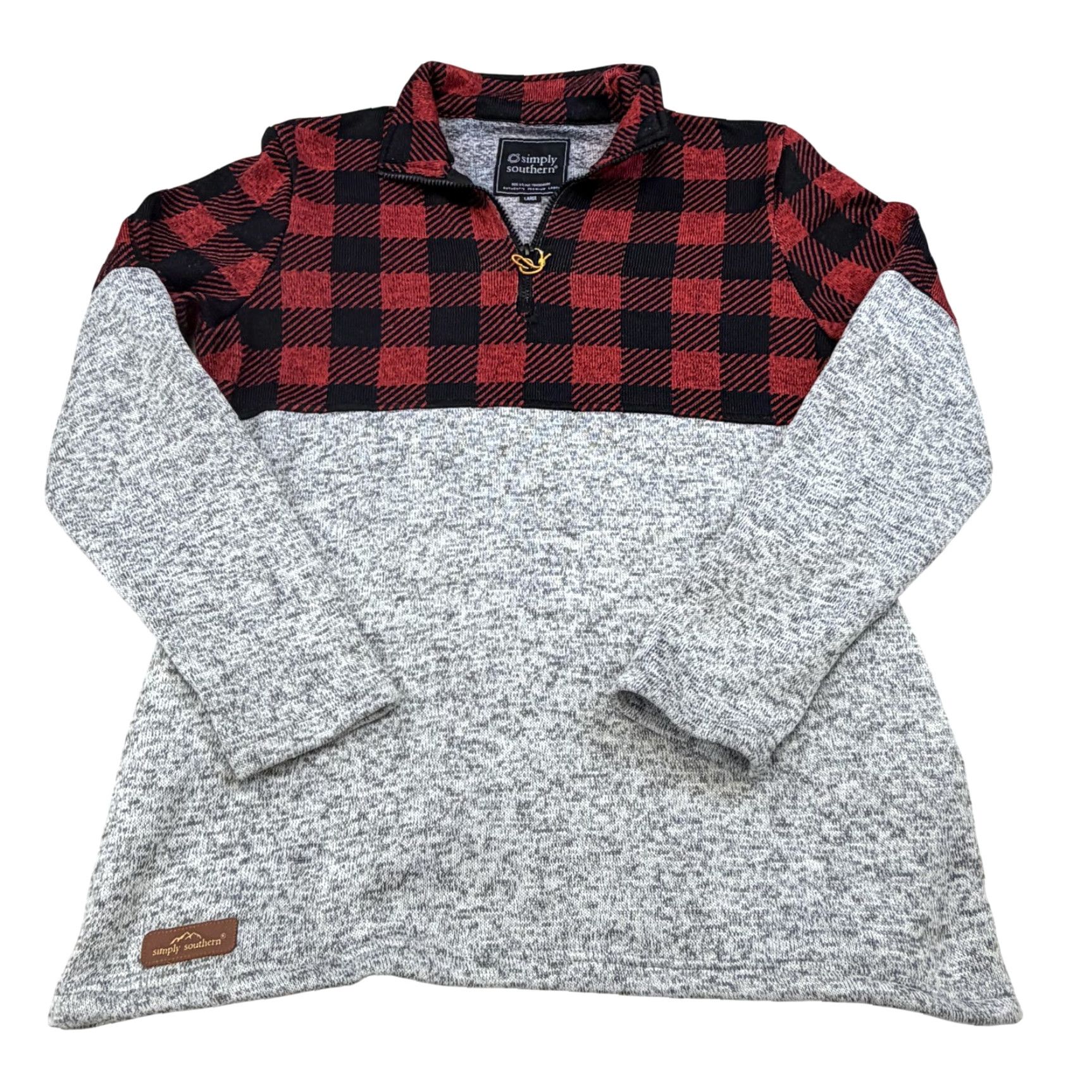 Vintage Simply Southern Sweater Womens Large Red Plaid Gray Quarter Zip Pullover Size L / US 10 / IT 46 - 2 Thumbnail