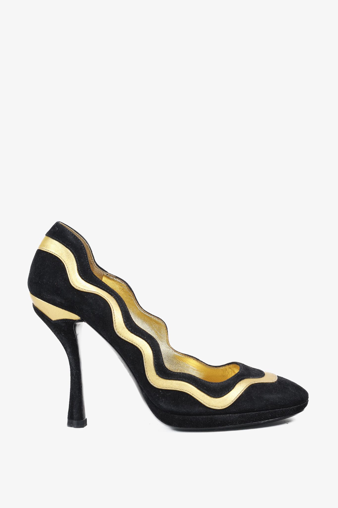 Prada SS/08 Black & Gold Suede Wavy-Stripe Scalloped Heels