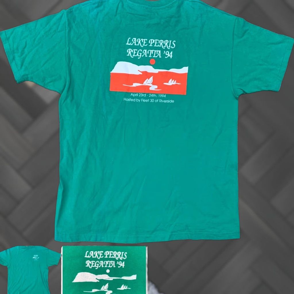 Vintage VINTAGE Hanes Beefy-T T-Shirt Lake Perris Regatta ‘94 XL Green 90s California Riverside Fleet 30 Mens Shirt Size US XL / EU 56 / 4 - 1 Thumbnail
