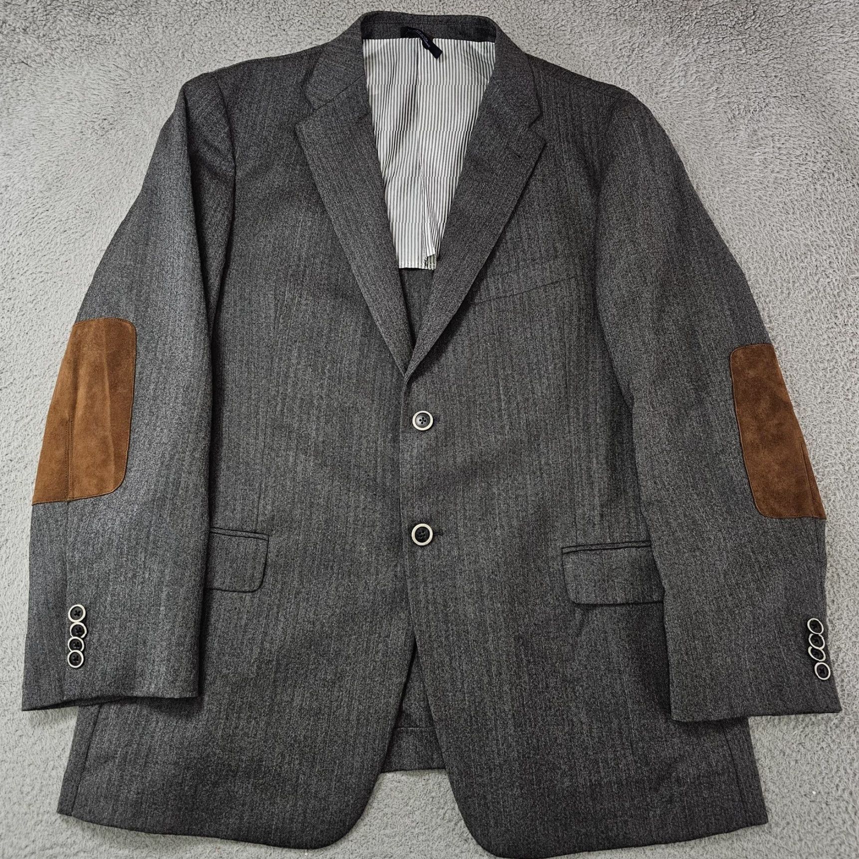 Joseph Abboud VINTAGE Joseph Abboud Blazer Mens 44R Gray Wool Herringbone Elbow Patches 2 Button USA Size 44R - 2 Thumbnail
