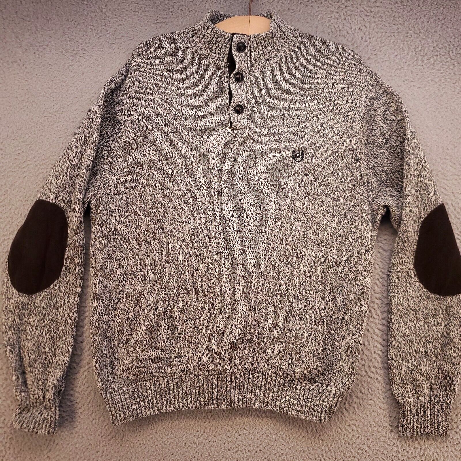 Chaps Mens Sweater M Gray Henley with Elbow Patches Long Sleeve Cotton  Pullover