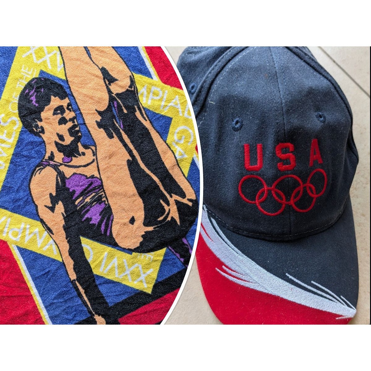 Starter × USA Olympics Atlanta 96 Olympic USA Beach Towel Cap gymnast navy red vtg Size ONE SIZE - 1 Thumbnail