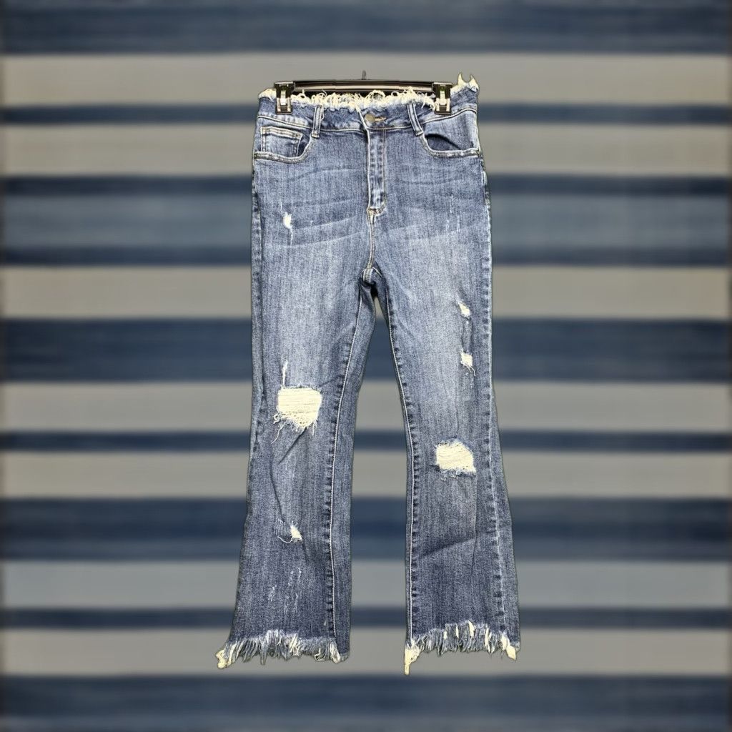 Vintage Risen Jeans Women's 7 Distressed Flare High Rise Blue Denim Casual Stretch Size 28" / US 6 / IT 42 - 1 Thumbnail