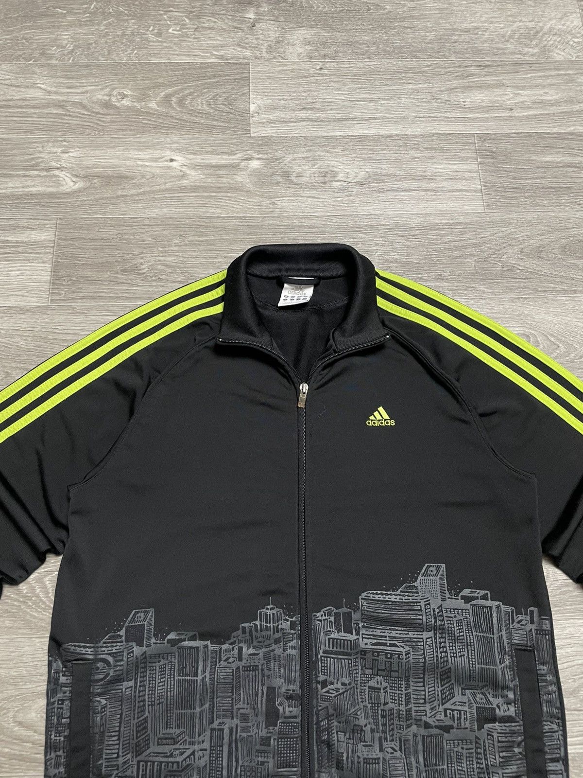 Adidas Track Jacket Black Neon 3-Stripes City Skyline Print