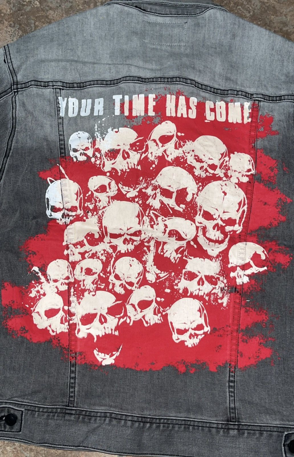 Designer Distressed denim jacket with skulls and red splatter design Size US XL / EU 56 / 4 - 1 Thumbnail