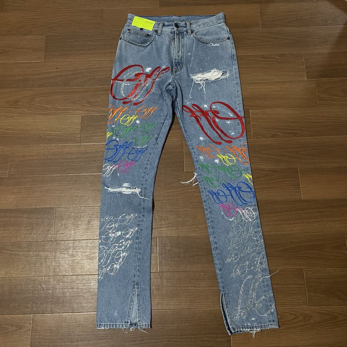 Off-White Off White Ev Bravado Crystal Distressed Denim Jeans Size US 30 / EU 46 - 1 Thumbnail
