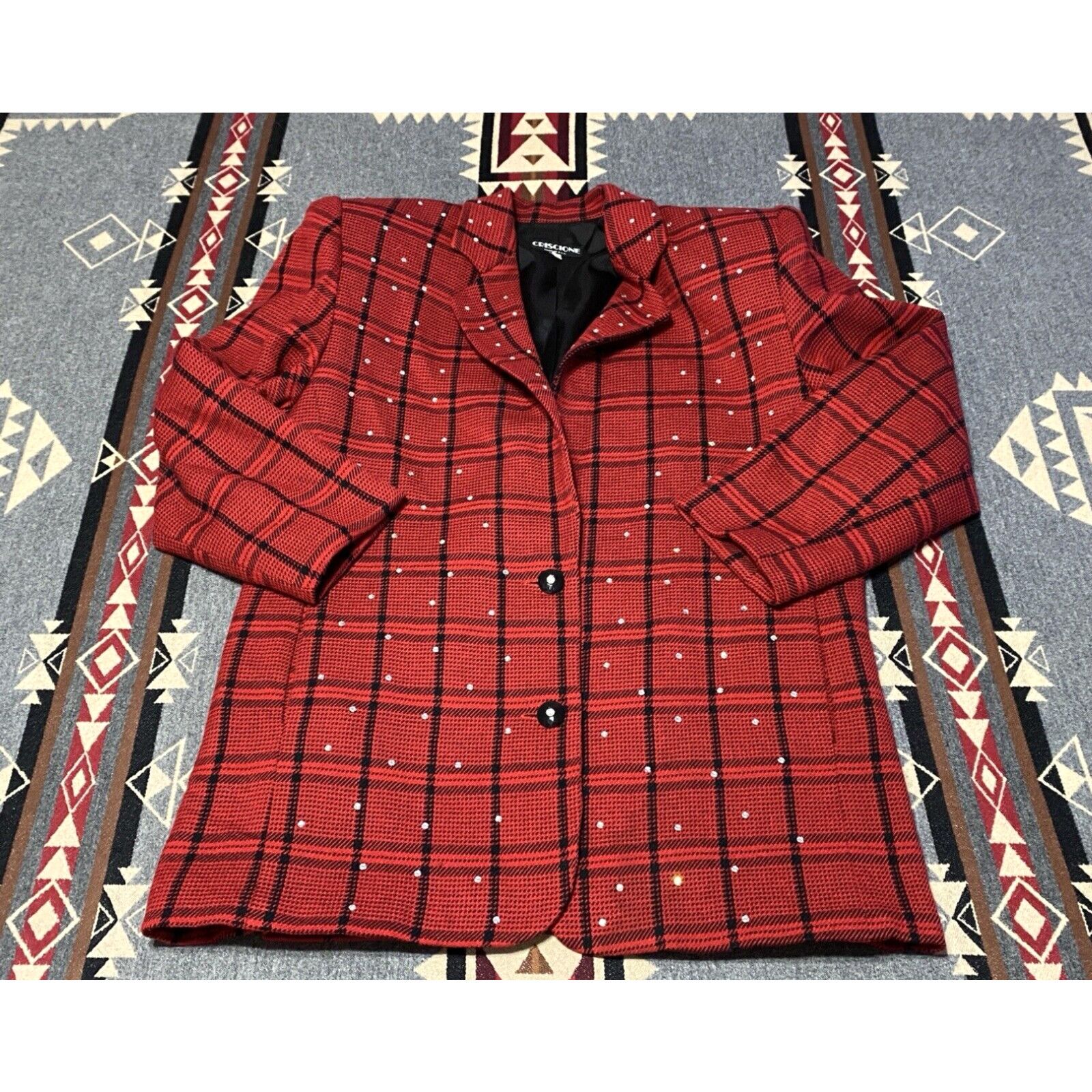 image of Criscione New York Women's Blazer Jacket Red Black Size S Wool Blend Diamond T74 in White