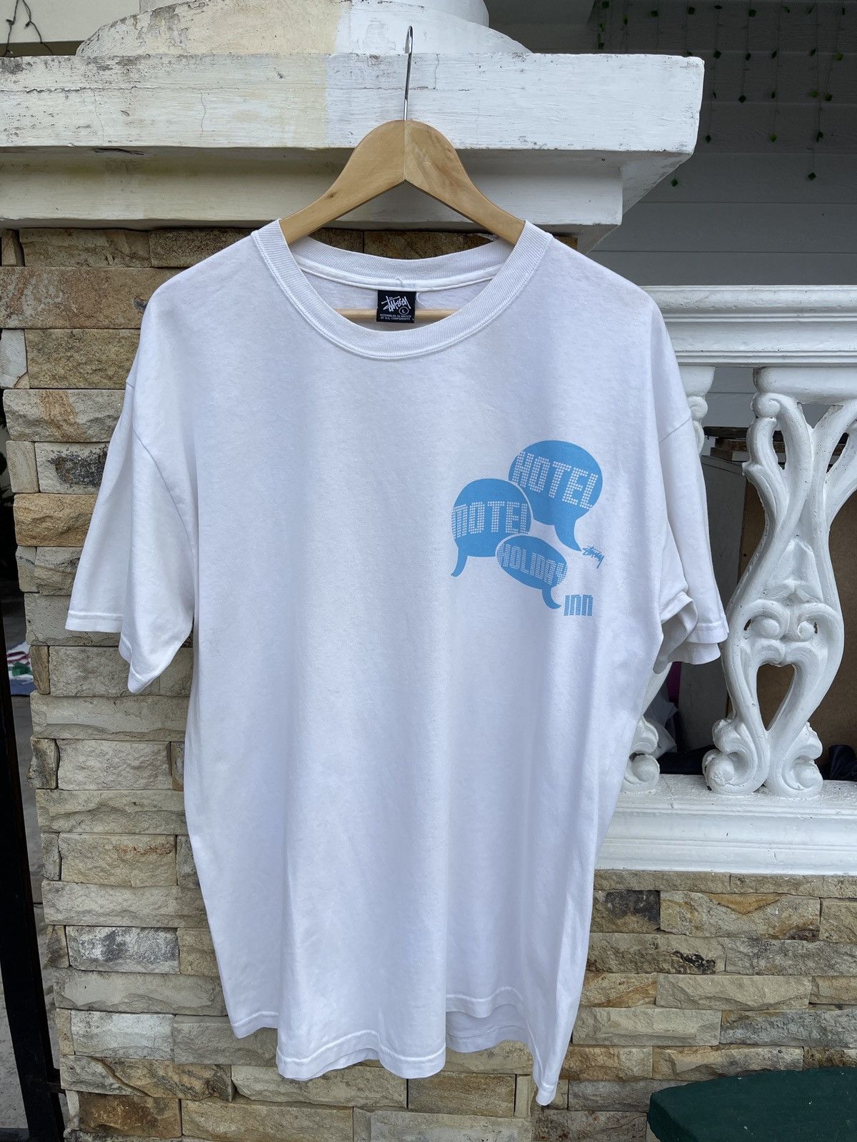 image of Stussy Hotel Motel T Shirt in White, Men's (Size Large)