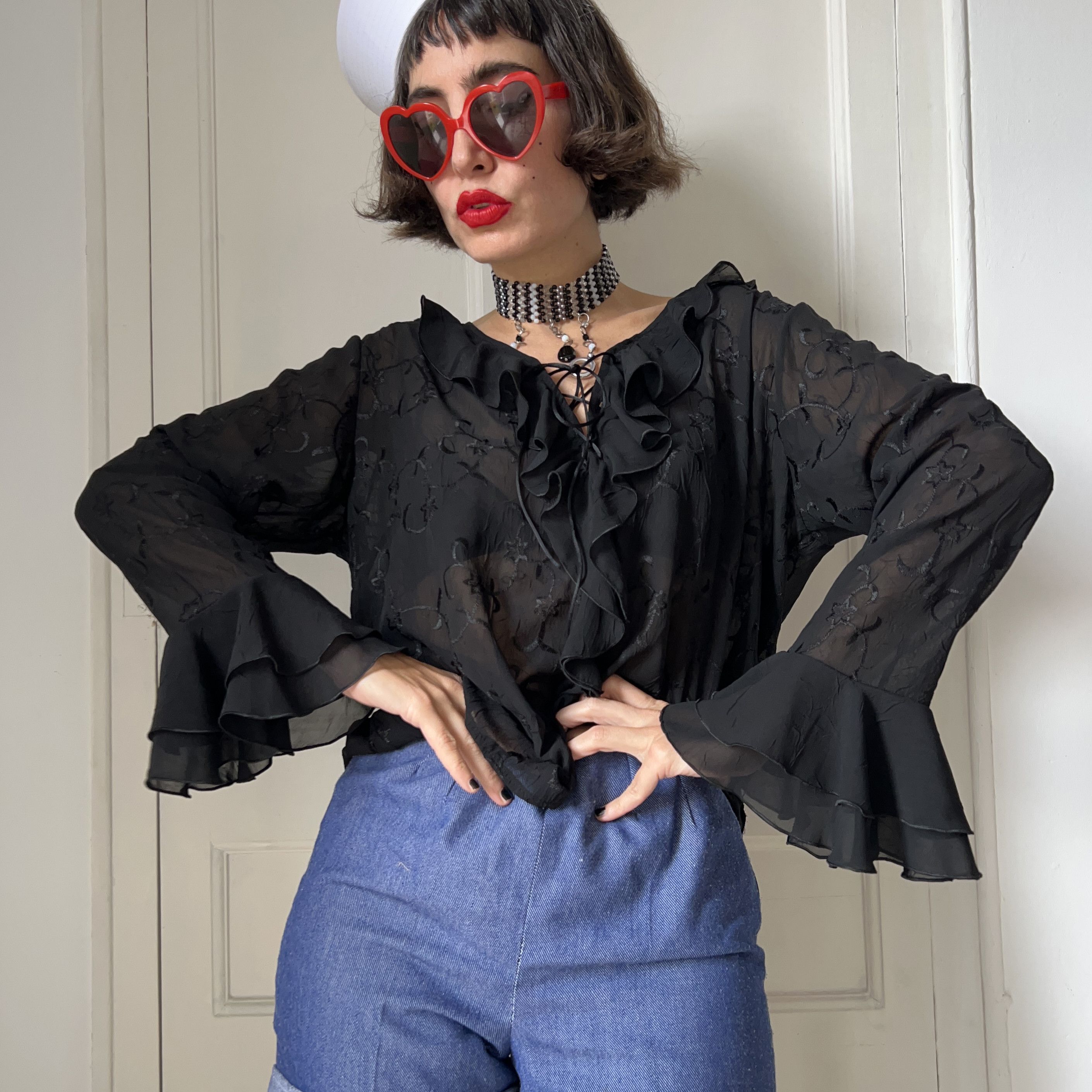 Vintage Vintage 90s Black Sheer Ruffle Poet Blouse Size XL / US 12-14 / IT 48-50 - 1 Thumbnail