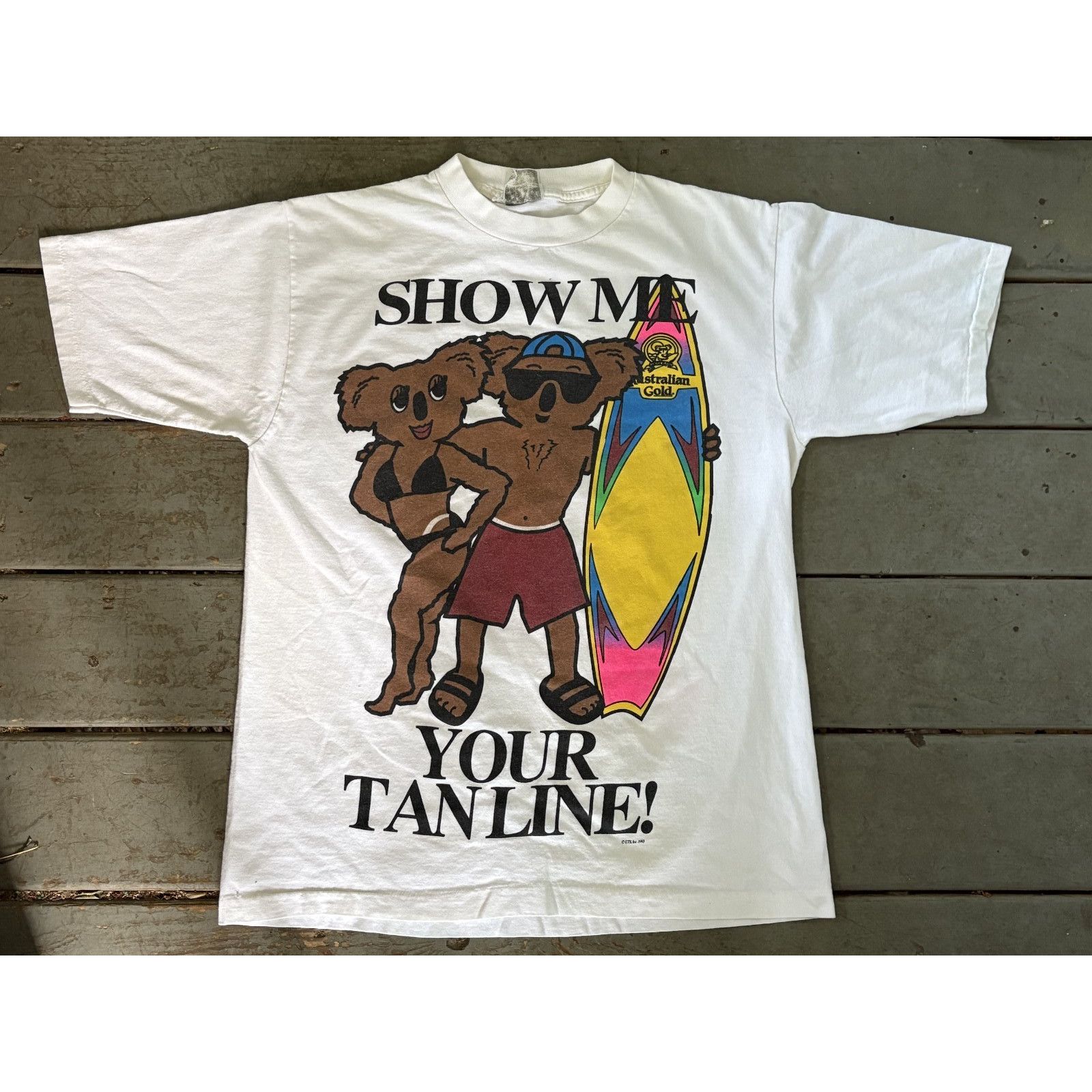 Fruit Of The Loom vtg 90s AUSSIE GOLD TANNING LOTION DOUBLE-SIDED T-Shirt 90s Size US L / EU 52-54 / 3 - 1 Thumbnail