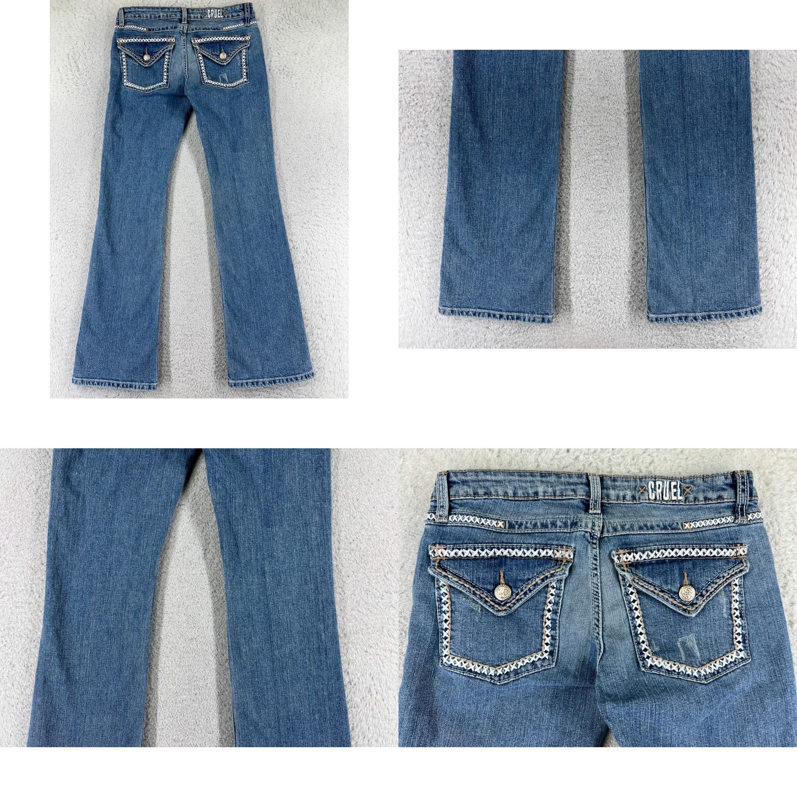 Vintage Cruel Girl Jeans Womens 3 Blue Denim Flared Slim Low Rise 27x31 Distressed 5-Pocket Cotton Blend Machine Washable Size 26" / US 2 / IT 38 - 9 Thumbnail