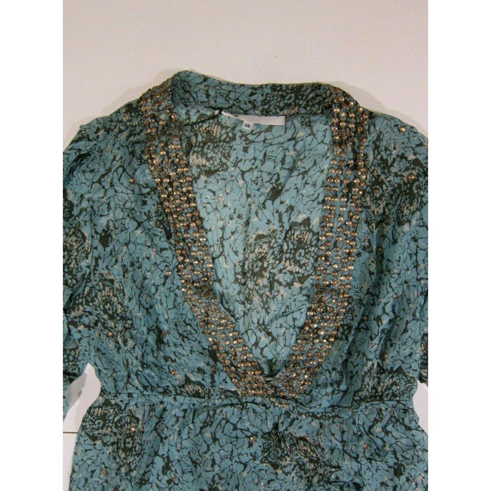 Vintage NWT Fairly 100% Rayon Blue Green Gold Studded Beaded Blouse Women Size L/48 Size L / US 10 / IT 46 - 4 Thumbnail