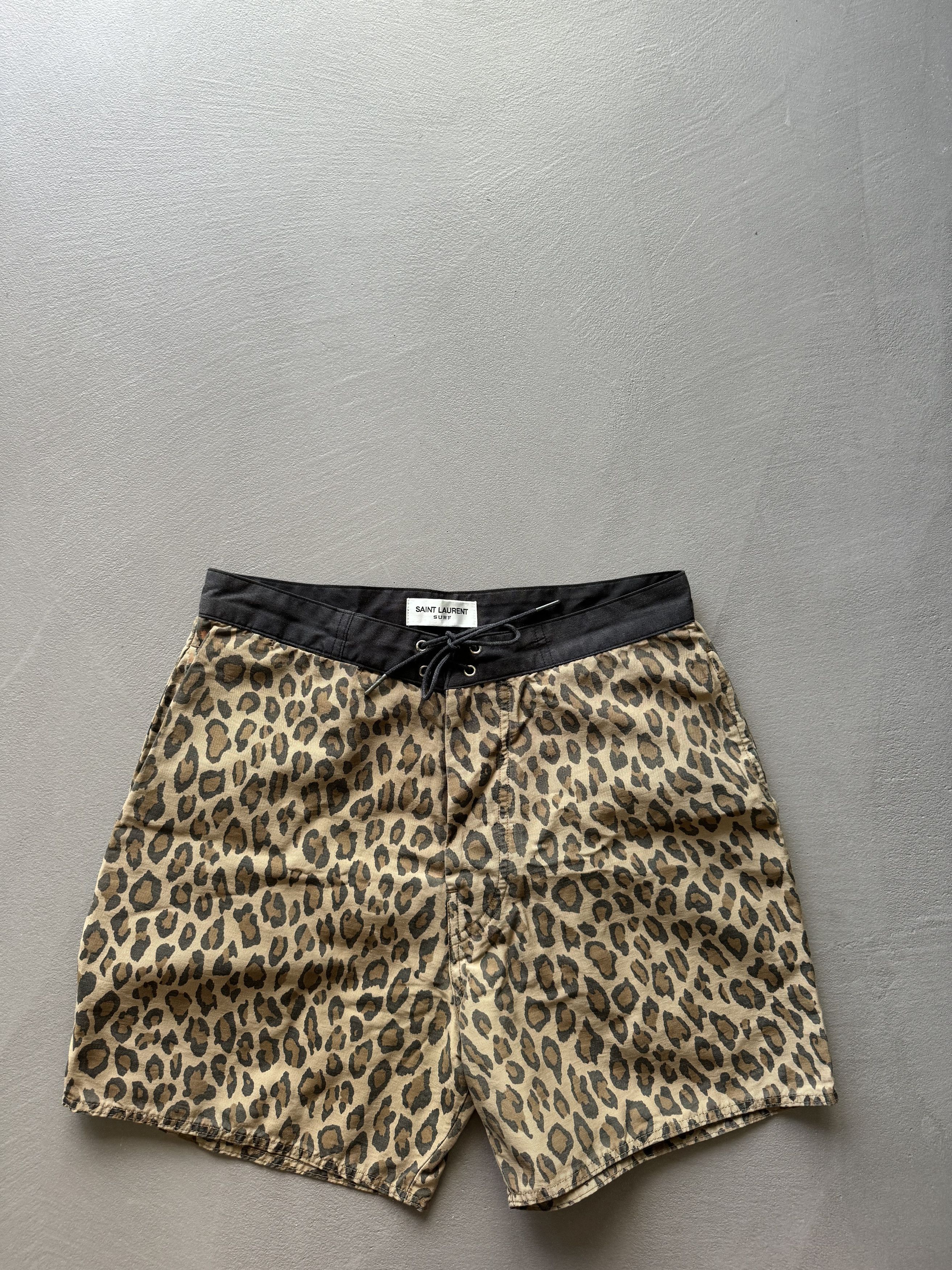 image of Saint Laurent Paris Saint Laurent Surf Sound Ss16 Leopard Swim Shorts in Brown/Animal Print (Size 3