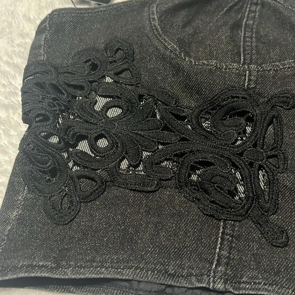Designer Boho harmony corset crop top denim lace vintage lace crochet Size XXL / US 16-18 / IT 52-54 - 2 Thumbnail