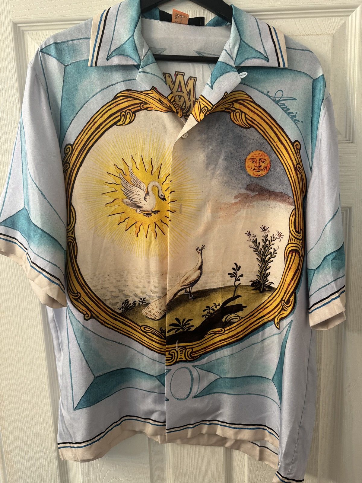 image of Blue Amiri Silk Short Sleeved Shirt - Worn Once, Men's (Size Large)