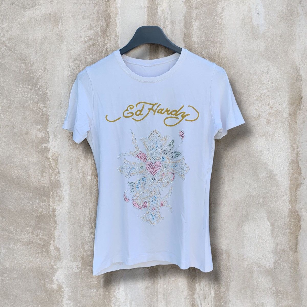 Christian Audigier × Ed Hardy × Japanese Brand Y2K Ed Hardy top white cross rhinestones women's Size S / US 4 / IT 40 - 1 Thumbnail