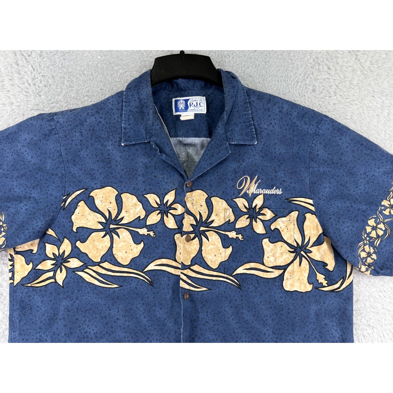 Vintage RJC Shirt Mens Extra Large Blue Beige Floral Hibiscus Button Up Hawaiian Resort Luau Aloha 90s Mens XL Blue Size US XL / EU 56 / 4 - 6 Thumbnail