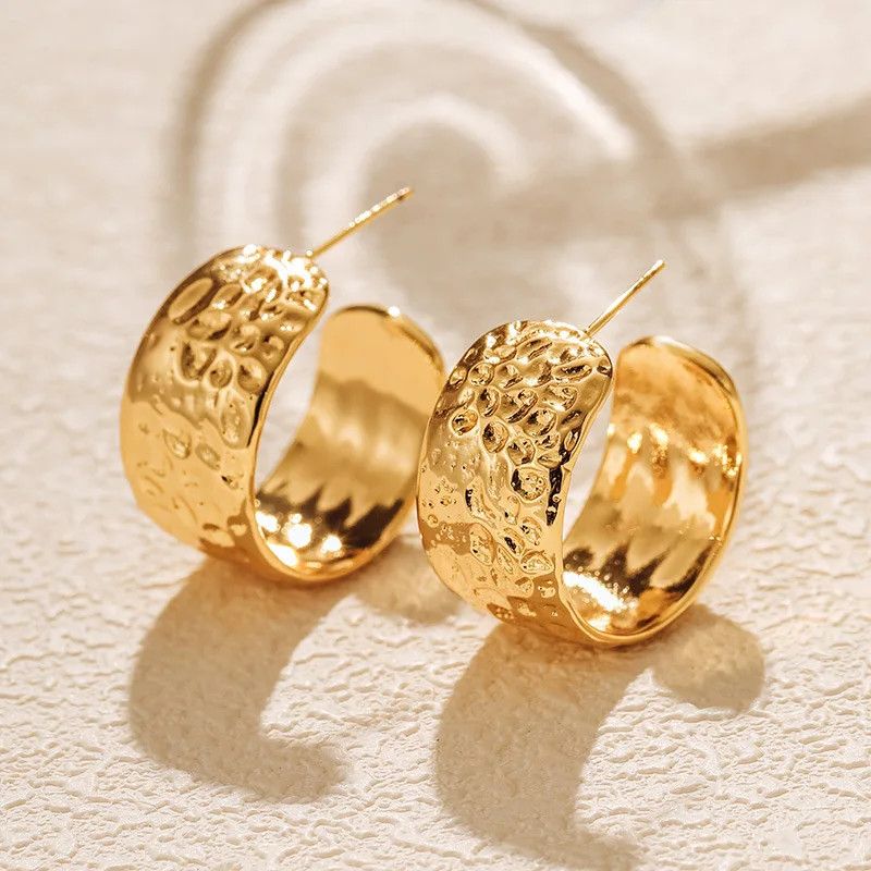 Jewelry Gold Plated Hammered Hoop Earrings Size ONE SIZE - 2 Thumbnail