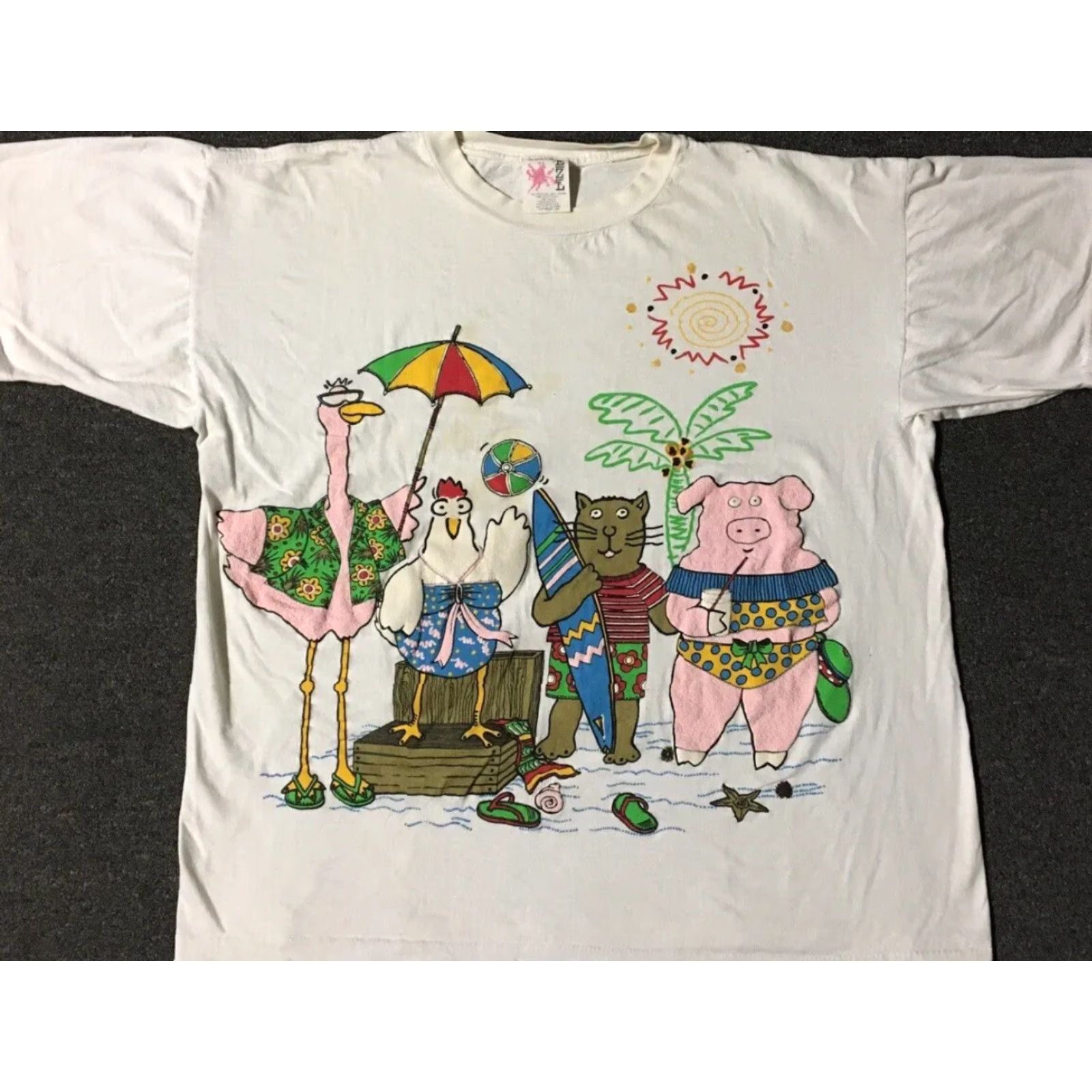 Vintage Vtg 90s Animal Beach Faded Distress Boxy Shirt M White Mens Short Sleeve Rock Grunge Surf Cartoon Rooster Hawaii USA Size US M / EU 48-50 / 2 - 2 Thumbnail