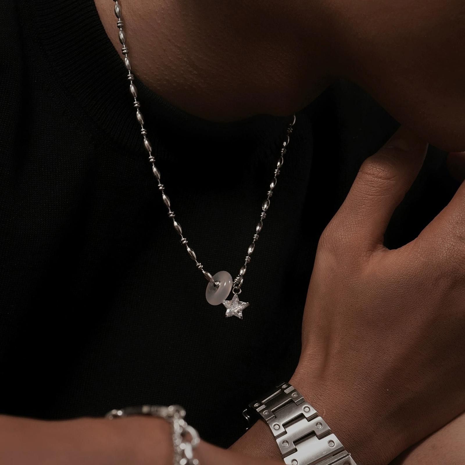 Japanese Brand Silver Star Charm Men's Chain Necklace, Stylish Pendant Size ONE SIZE - 2 Thumbnail